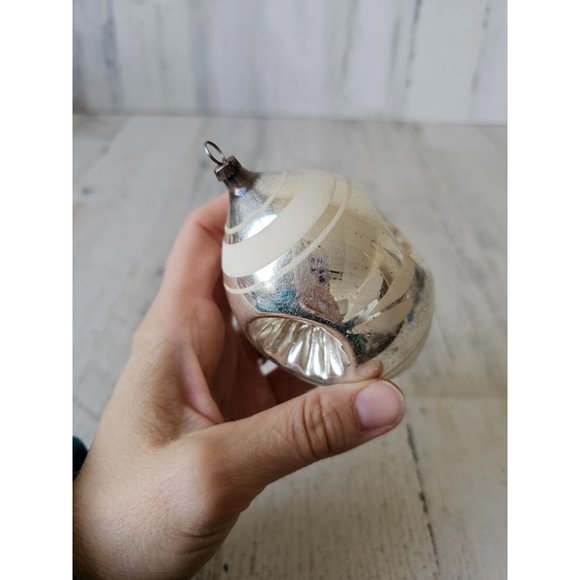 Antique silver triple indent white striped teardrop glass ornament Xmas tree - Picture 9 of 10